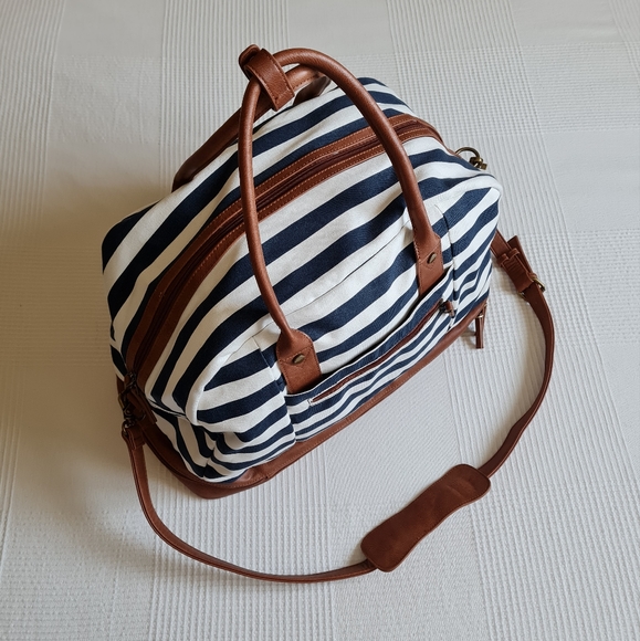 Canvas Weekender Travel Duffel Bag Shoe Compartment Navy Beige Boho Striped - Picture 2 of 16